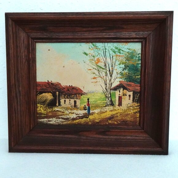 Vintage Oil Painting Woman Walking Cottages Landscape Framed Signed 7.5" x 9.5" - Picture 1 of 9